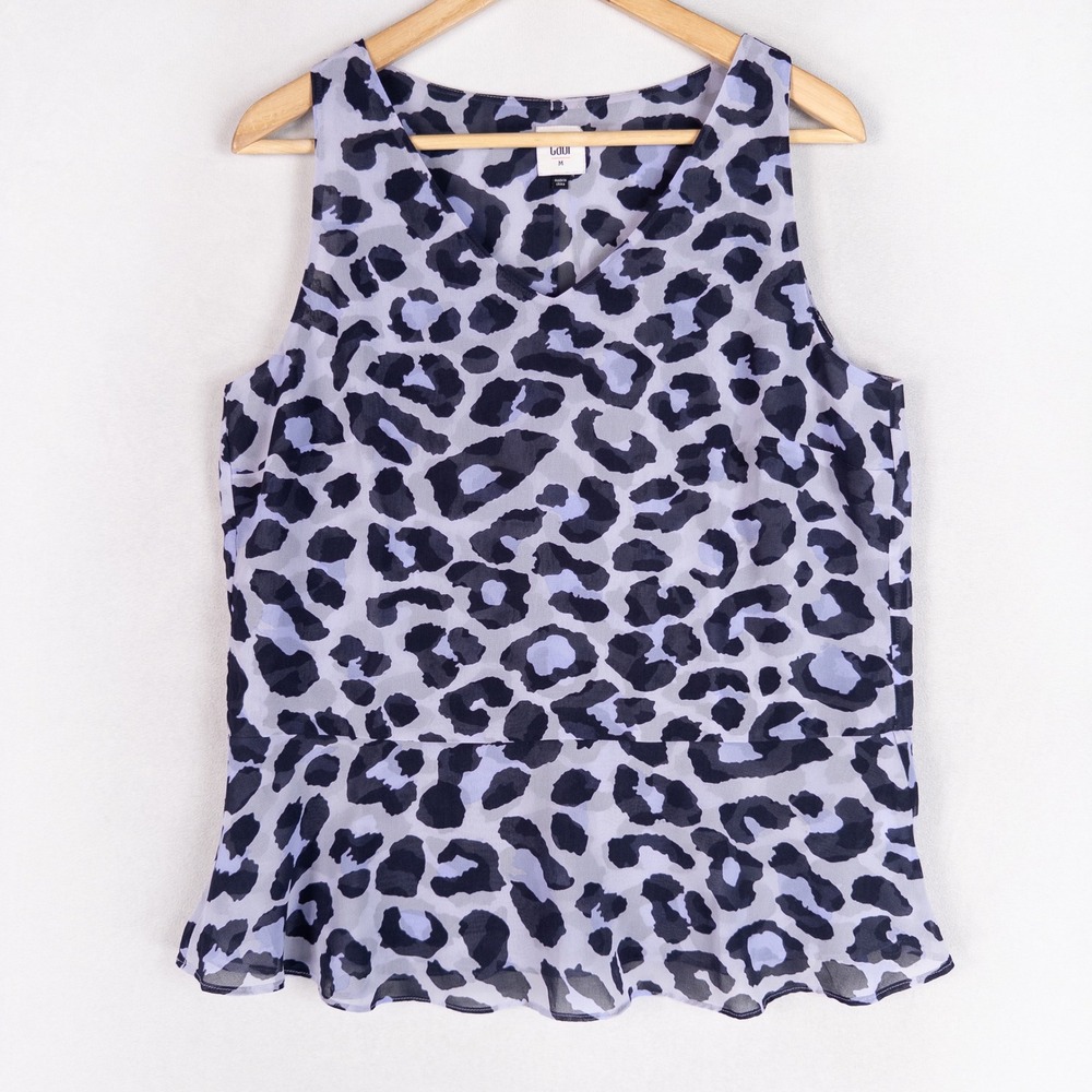 CAbi Feline Peplum Blouse Top Womens Medium Animal Print Purple Black Sheer